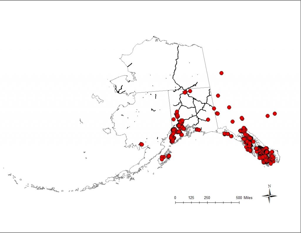 Documented roadside occurrences of reed canarygrass in Alaska. Data from the Alaska Exotic Plant Information Clearinghouse.